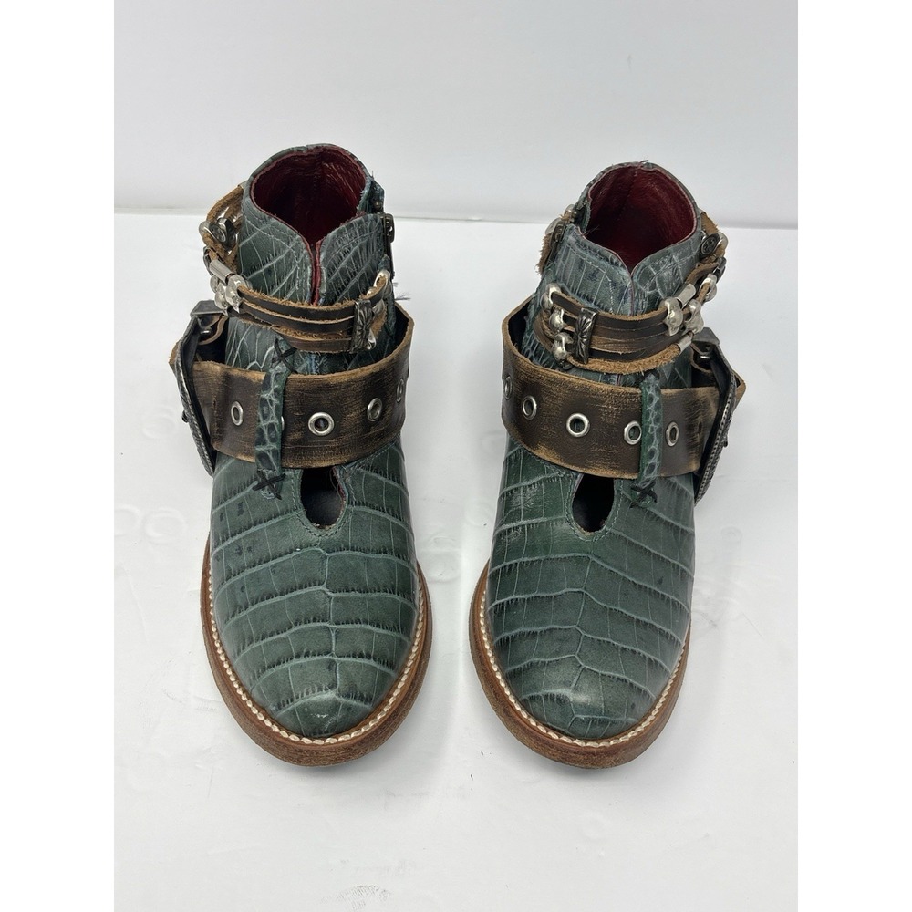 Freebird Steven Saloon Green Croc Embossed Leather Harness Boots Sz 7